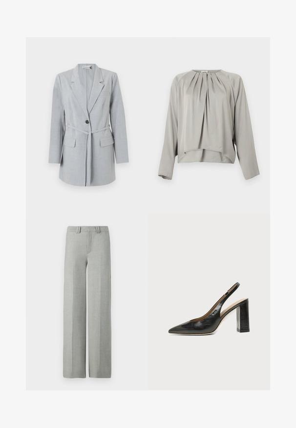 Blazer gris claro hecho de tela texturizada, que presenta un botón único, cuello de solapa y dos bolsillos frontales. Incluye un cinturón a juego.; Blusa de manga larga color gris claro con escote redondo, pliegues delanteros y un dobladillo ligeramente asimétrico.; Pantalones gris de pierna ancha en una tela ligera, con un frente plano, presillas para cinturón y líneas limpias y ajustadas sin patrones visibles.; Zapato slingback negro de cuero con punta afilada, tacón cuadrado y un pequeño logo en el lateral, sobre un fondo blanco liso.