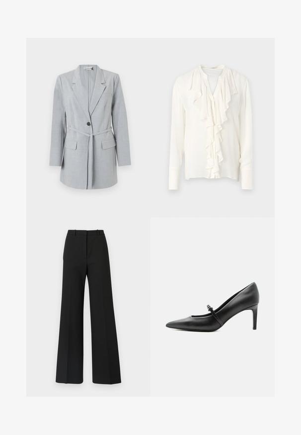 Lichtgrijze blazer van gestructureerde stof, met een enkele knoop, reverskraag en twee voorzakken. Inclusief een bijpassende riem.; Witte blouse met lange mouwen en een gerimpelde voorflap, met een ronde halslijn en knoopsluiting. Zachte, lichte stof.; Zwarte wijde broek met een op maat gemaakt ontwerp, kenmerkend door een soepele textuur en subtiele plooien aan de voorkant. Geen zichtbare hardware of patronen.; Zwarte leren pumps met puntige neus, dunne riem en gesp over de wreef, staand op een neutrale lichte achtergrond.