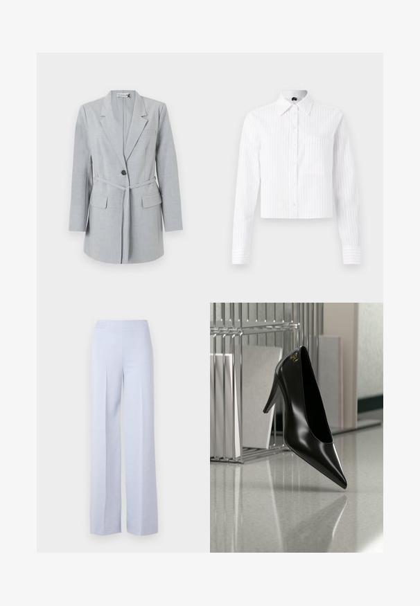 Blazer gris claro hecho de tela texturizada, que presenta un botón único, cuello de solapa y dos bolsillos frontales. Incluye un cinturón a juego.; Camisa blanca corta con botones y rayas verticales azul claro, de mangas largas, con un bolsillo en el pecho y cuello clásico. Tejido mezcla de algodón.; Pantalones de pierna ancha en azul claro, confeccionados en un tejido suave, con una cintura alta y pliegues delanteros para mayor estructura.; Zapato de tacón alto negro con punta afilada y logo dorado, colocado sobre una superficie reflectante cerca de un organizador de archivos de alambre cromado con documentos.