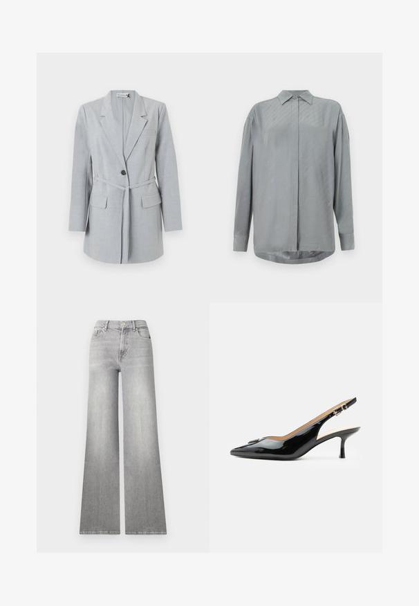 Blazer gris claro hecho de tela texturizada, que presenta un botón único, cuello de solapa y dos bolsillos frontales. Incluye un cinturón a juego.; Camisa de manga larga gris claro en tejido suave con cierre de botones en la parte delantera y sutiles patrones diagonales. Cuello clásico y dobladillo redondeado.; Jeans de mezclilla gris de pierna ancha con un acabado desgastado, bolsillo frontal y cierre de botón. Presenta una pierna recta y un dobladillo clásico.; Tacón slingback de charol negro con puntera puntiaguda, tacón pequeño tipo kitten y correa con hebilla plateada sobre un fondo blanco liso.