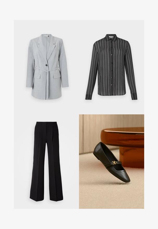 Lichtgrijze blazer van gestructureerde stof, met een enkele knoop, reverskraag en twee voorzakken. Inclusief een bijpassende riem.; Zwarte button-up overhemd met lange mouwen en witte verticale strepen, weergegeven tegen een eenvoudige lichte achtergrond.; Zwarte broeken van soepele stof, met een hoge taille, wijde pijpen en twee plooien aan de voorkant voor extra ontwerpelementen.; Zwarte leren platte schoen met puntige neus en gouden CK-logo op het bandje, geplaatst op een beige tapijt bij een ronde amberbruine tafel.