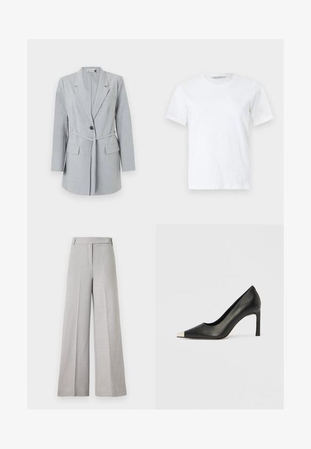 Blazer gris claro hecho de tela texturizada, que presenta un botón único, cuello de solapa y dos bolsillos frontales. Incluye un cinturón a juego.; Camiseta blanca lisa de manga corta y cuello redondo, colocada plana sobre un fondo claro, mostrando la vista frontal con una pequeña etiqueta de marca visible dentro del cuello.; Pantalones de pierna ancha en gris claro con una textura suave, que presentan una cinturilla entallada y un pliegue frontal para un aspecto pulido.; Zapato de tacón alto de cuero negro con punta en forma de pico y una tapa metálica plateada. Presenta un acabado suave y un tacón delgado de 10 cm.