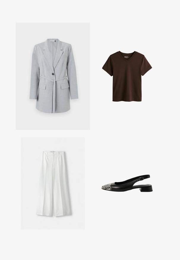 Lichtgrijze blazer van gestructureerde stof, met een enkele knoop, reverskraag en twee voorzakken. Inclusief een bijpassende riem.; Bruine T-shirt met korte mouwen en V-hals met een eenvoudig ontwerp, plat weergegeven op een witte achtergrond.; Witte wijde pantalons met een hoge taille, middenvouw en klassieke knoopsluiting. Gemaakt van een soepele stof met een verfijnd ontwerp.; Zwarte slingback lage hak schoen met een puntige neus, voorzien van een zwart-wit slangenhuidpatroon en een verstelbare zijgesp.