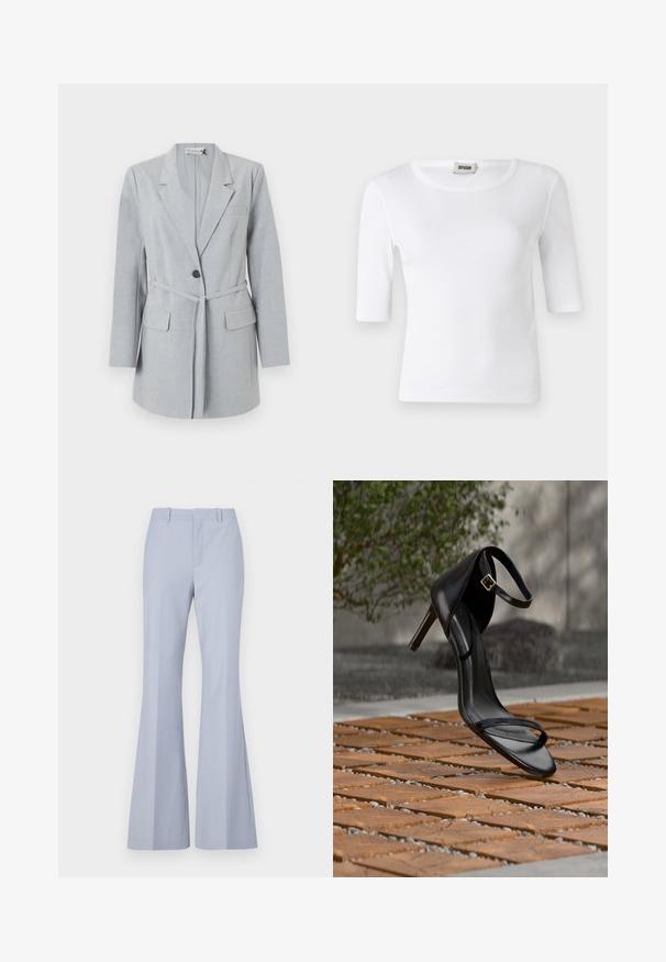 Lichtgrijze blazer van gestructureerde stof, met een enkele knoop, reverskraag en twee voorzakken. Inclusief een bijpassende riem.; Witte geribde T-shirt met een ronde halslijn en ellebooglange mouwen. Gemaakt van zacht materiaal met een gladde textuur. Label zichtbaar bij de halslijn.; Lichtblauwe flared broek met een zachte textuur, voorzien van een rechte voorkant, twee zijzakken en een schone tailleband.; Zwarte hoge hak sandaal met enkelbandje zweeft boven een houten tegelvloer buiten, met een onscherpe groene en stenen achtergrond.