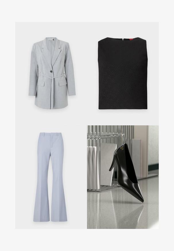 Lichtgrijze blazer van gestructureerde stof, met een enkele knoop, reverskraag en twee voorzakken. Inclusief een bijpassende riem.; Zwarte mouwloze top met een gestructureerd patroon, vierkante halslijn en een rits aan de achterkant. Bevat subtiele logo-accenten in de stof geweven.; Lichtblauwe flared broek met een zachte textuur, voorzien van een rechte voorkant, twee zijzakken en een schone tailleband.; Zwart hooggehakt schoen met puntige neus en gouden logo, geplaatst op een reflecterend oppervlak naast een verchroomde draadordner met documenten.