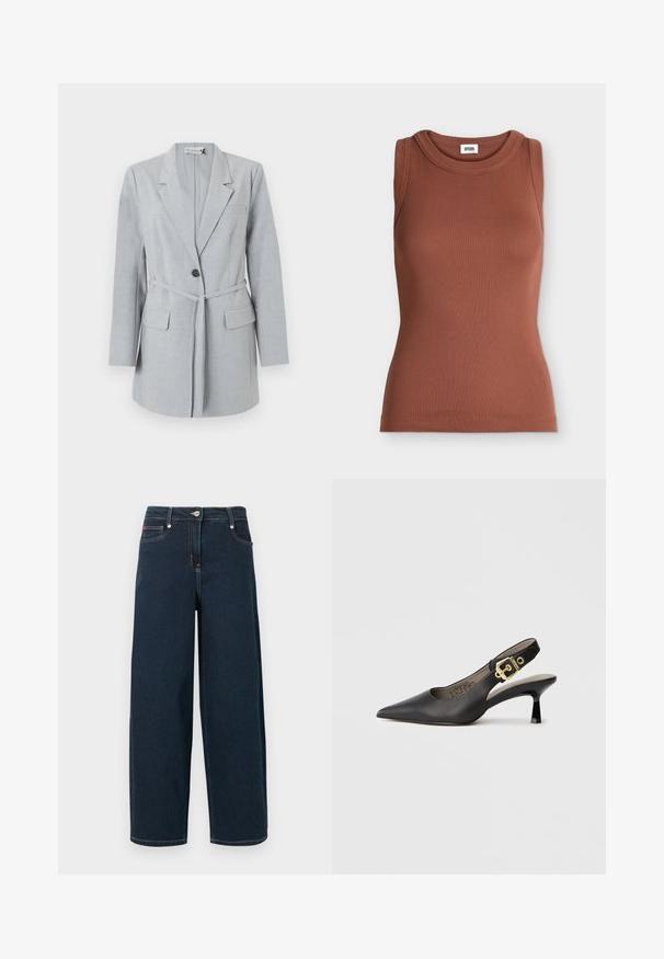 Lichtgrijze blazer van gestructureerde stof, met een enkele knoop, reverskraag en twee voorzakken. Inclusief een bijpassende riem.; Bruine mouwloze slim-fit geribde tanktop met ronde hals en merklabel binnenin de kraag.; Donkerblauwe denim jeans met wijde pijpen, vooraan knoop- en ritssluiting, en een ontwerp met vijf zakken.; Zwarte slingback hoge hak schoenen met een spitse neus, een gladde leren textuur en een gouden gespaccent op de band.