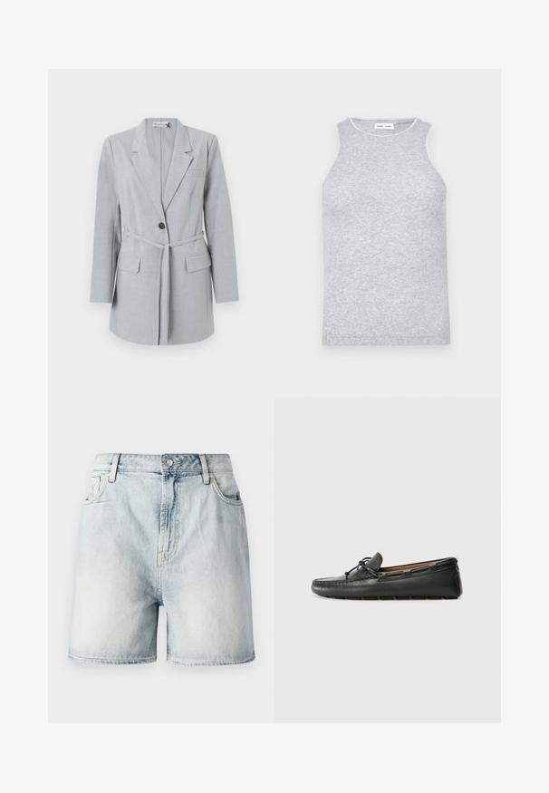 Blazer gris claro hecho de tela texturizada, que presenta un botón único, cuello de solapa y dos bolsillos frontales. Incluye un cinturón a juego.; Top sin mangas de color gris, confeccionado en una tela de punto texturizada, con un escote redondo y un ribete en contraste alrededor del cuello.; Pantalones cortos de mezclilla azul claro con cierre de botón, cinco bolsillos y una textura deslavada. Corte recto con un diseño clásico.; Zapato náutico de cuero negro con punta redondeada, detalles de costura, pequeño lazo decorativo y suela de goma. Textura suave y diseño aerodinámico.