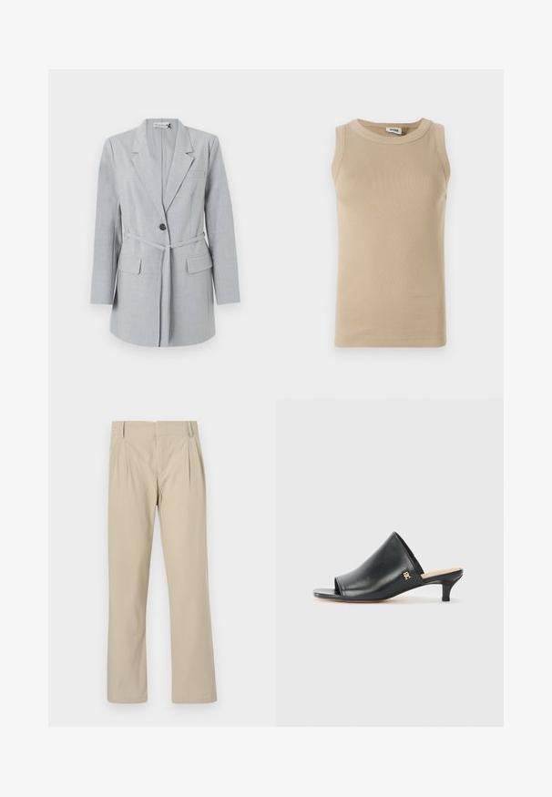 Blazer gris claro hecho de tela texturizada, que presenta un botón único, cuello de solapa y dos bolsillos frontales. Incluye un cinturón a juego.; Top sin mangas beige fabricado con tejido acanalado, con cuello redondo, con costuras tonales y un diseño ajustado.; Pantalones de pierna ancha beige hechos de una mezcla de algodón; presentan pliegues en la parte frontal, corte recto y presillas para cinturón. Textura suave, sin patrones.; Mules de cuero negro de punta abierta con un tacón bajo. Presentan una superficie lisa y un acento del logo dorado en el costado.