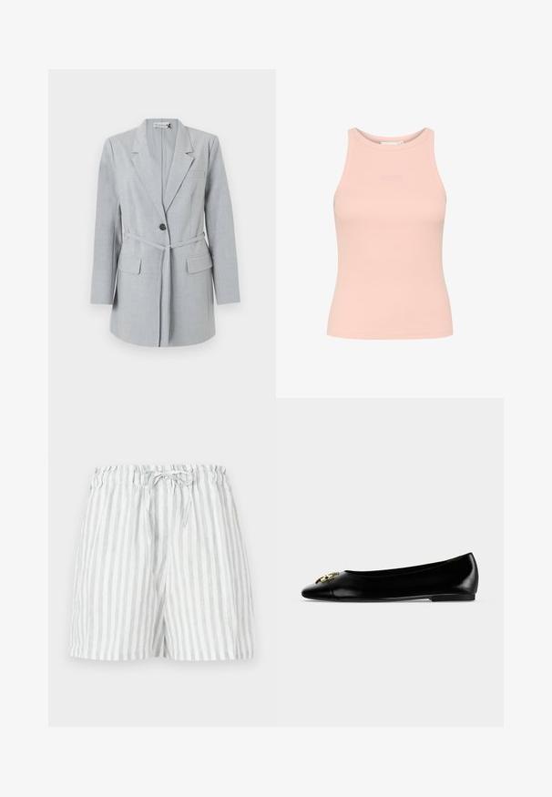 Blazer gris claro hecho de tela texturizada, que presenta un botón único, cuello de solapa y dos bolsillos frontales. Incluye un cinturón a juego.; Top de tirantes de color rosa claro con un cuello alto, diseño sin mangas y un sutil logo en relieve en el pecho. Textura suave y ajustada.; Pantalones cortos de lino en un patrón de rayas verticales en gris claro y blanco; cuentan con una cinturilla elástica con un cordón para ajustar.; Zapato plano de cuero negro con una hebilla decorativa dorada en la puntera redondeada y un tacón bajo sobre un fondo blanco.