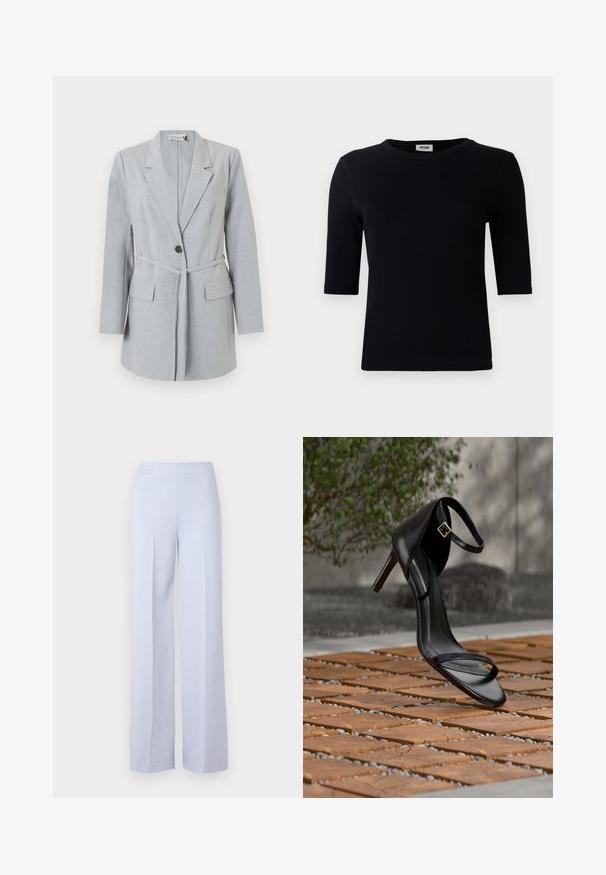 Blazer gris claro hecho de tela texturizada, que presenta un botón único, cuello de solapa y dos bolsillos frontales. Incluye un cinturón a juego.; Camiseta negra de canalé con escote redondo y mangas tres cuartos. La tela tiene una textura suave y un dobladillo recto. Sin marcas visibles.; Pantalones de pierna ancha en azul claro, confeccionados en un tejido suave, con una cintura alta y pliegues delanteros para mayor estructura.; Sandalia negra de tacón alto con correa en el tobillo, parece suspendida sobre un suelo de baldosas de madera al aire libre, con un fondo difuminado de vegetación y piedra.