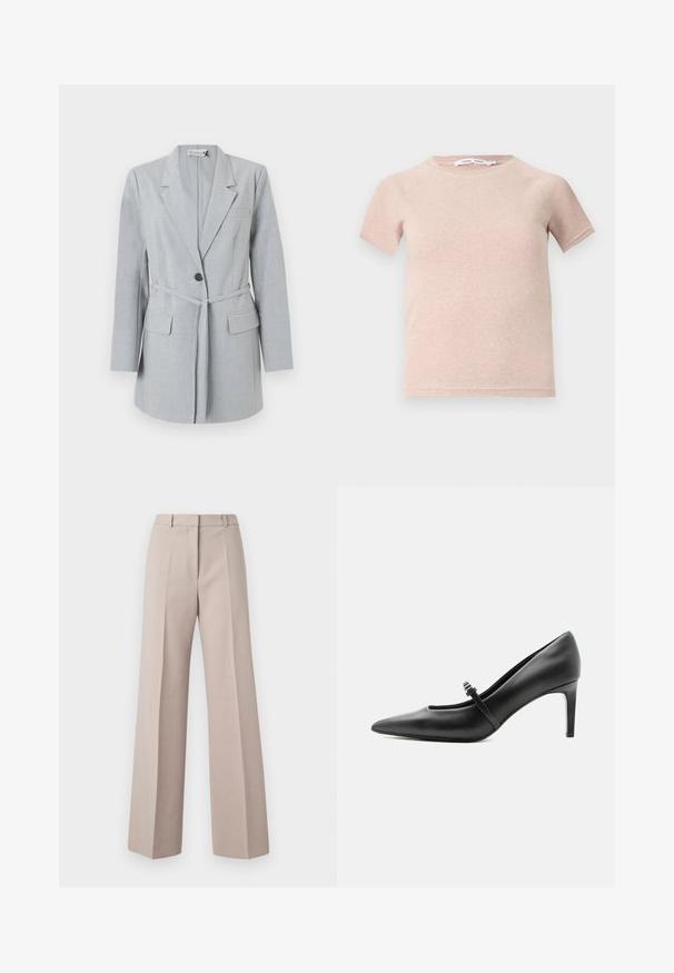 Lichtgrijze blazer van gestructureerde stof, met een enkele knoop, reverskraag en twee voorzakken. Inclusief een bijpassende riem.; Lichtroze t-shirt met korte mouwen van ribstof, met een ronde halslijn en een comfortabele pasvorm. Eenvoudig en naadloos ontwerp.; Beige wijde broek van een soepele stof, met een hoge taille, voorkreuken en een op maat gemaakte pasvorm.; Zwarte leren pumps met puntige neus, dunne riem en gesp over de wreef, staand op een neutrale lichte achtergrond.