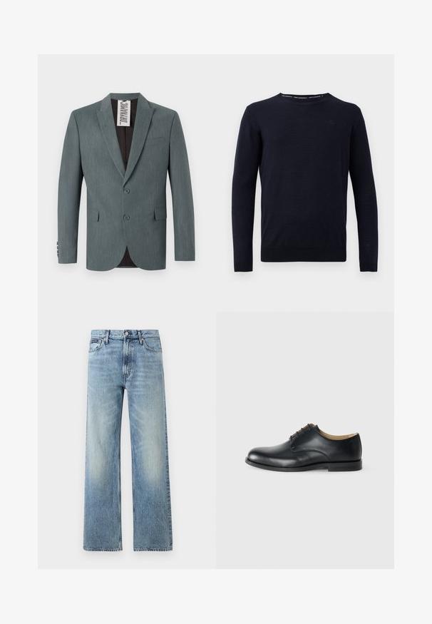 Grå, tekstureret blazer med klapkrave, to-knap lukning og forlommer. Indvendigt er den mørkebrun med et synligt plejelabel.; Marineblå strikket sweater med rund hals og lange ærmer. Har et subtilt logo på brystet samt ribbede ærmer og kant.; Lyseblå denim jeans med lige ben, højt talje, fem lommer, knaplukning og diskrete falmede områder på lår og knæ.; Calvin Klein ESS DERBY - Snøresko - triple black