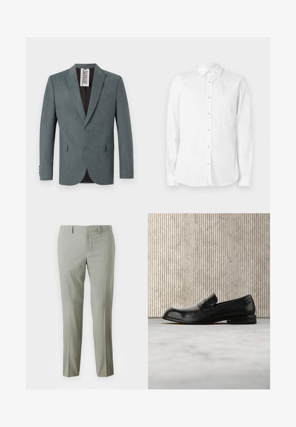 Grå, tekstureret blazer med klapkrave, to-knap lukning og forlommer. Indvendigt er den mørkebrun med et synligt plejelabel.; Hvid langærmet skjorte med knapper, lavet af bomuld. Har en spids krave og et lille broderet logo på brystet. Glat tekstur.; Lys grå bukser med skræddersyet pasform, der har glat stof, lige ben og en ensfarvet talje uden synlig hardware.; Sort læderloafer med metalaccent, vist svævende over et beige tæppe, med et rundt, ravfarvet bord i baggrunden.