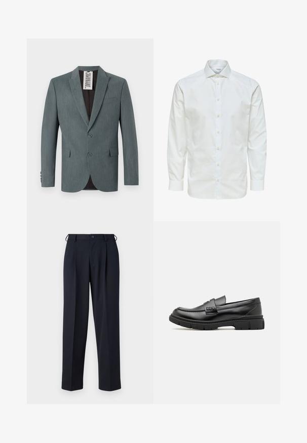 Grijze, gestructureerde blazer met een notch-revers, een twee-knopen voorkant en voorzakken. De binnenkant is donkerbruin met een zichtbare verzorgingslabel.; Wit overhemd met lange mouwen, knoopsluiting aan de voorkant en puntige kraag, afgebeeld tegen een witte achtergrond.; Donkerblauwe op maat gemaakte broek met knoop- en ritsluiting aan de voorkant, riemlussen en zijzakken, getoond op een witte achtergrond.; Zwarte leren instapper met een brede band over de voet, rubberen zool met dikke noppen en een gladde textuur. Klassiek, strak ontwerp.