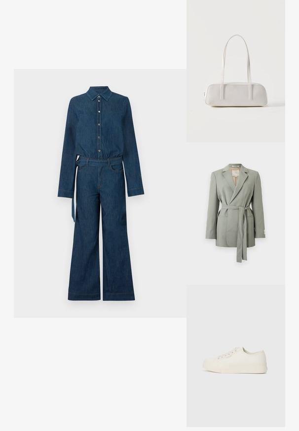 Blazer gris clair ceinturé avec col à revers, manches longues et poches avant, présenté sur un fond blanc uni.; Combinaison en denim bleu foncé avec manches longues, fermeture boutonnée à l'avant, col, jambes larges et ceinture assortie en tissu à la taille.; Baskets en toile écrue, avec un design basse, bout rond et semelle en caoutchouc plate avec des détails de couture subtils.; Sac d'épaule rectangulaire blanc avec des bretelles longues et fines, couture minimale, et fermeture éclair sur un fond uni.