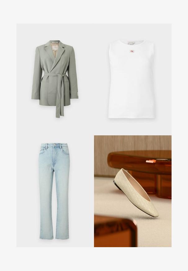 Blazer gris clair ceinturé avec col à revers, manches longues et poches avant, présenté sur un fond blanc uni.; Débardeur blanc sans manches en maille côtelée avec un petit logo Calvin Klein rouge et noir centré juste en dessous de l'encolure.; Jean bleu clair taille haute à jambes droites avec bouton avant, passants de ceinture et design classique à cinq poches sur fond uni.; Chaussure plate beige avec des perforations géométriques flottant au-dessus d'un tapis clair dans une pièce avec des meubles de couleur ambre.