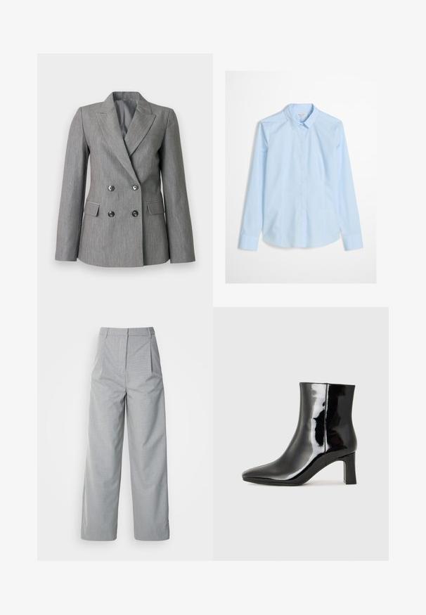 Blazer gris croisé en tissu texturé, avec des revers nets, deux poches avant et des boutons noirs.; Chemise bleu clair à manches longues, col classique, avec un logo discret brodé sur la poitrine. Tissu lisse et net.; Pantalons larges gris en tissu texturé, avec une taille haute, des plis à l'avant et une coupe droite jusqu'à l'ourlet.; Bottines en cuir verni noir avec un bout pointu et un talon block de hauteur moyenne. Texture lisse et design minimaliste.