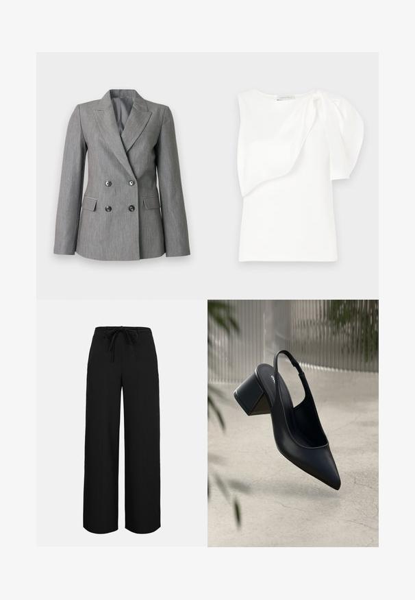 Blazer gris croisé en tissu texturé, avec des revers nets, deux poches avant et des boutons noirs.; Haut sans manches blanc avec détail de tissu superposé asymétrique et manches bouffantes froncées sur une épaule, présenté à plat sur un fond blanc.; Pantalon noir à jambes larges avec une taille haute et une ceinture à cordon nouée, présenté sur un fond clair uni.; Escarpin noir en cuir avec un bout pointu et un talon bloc. Texture lisse, design minimaliste et bride de cheville réglable.