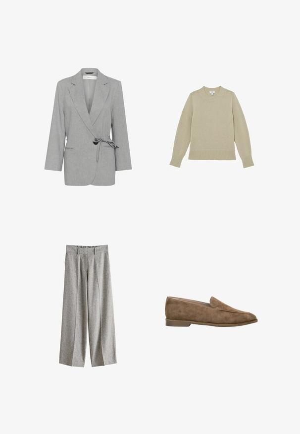 Grijze, gestructureerde blazer met een wikkeldesign, lange mouwen en een strikceintuur. Beschikt over twee voorzakken en notch-revers.; Beige gebreide trui met een ronde hals, geribbelde zoom en manchetten. Licht gestructureerde stof met gestikte details langs de mouwen.; Grijze wijde broek met voorplooien, riemlussen, zijzakken en een hoge taille, weergegeven op een witte achtergrond.; Bruine suède instapsloffen met lage hak en afgeronde neus, zijaanzicht tegen een witte achtergrond.