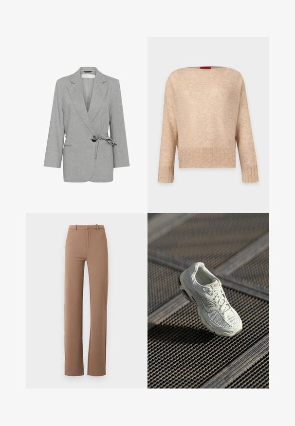 Grå, struktureret blazer med indpakningsdesign, lange ærmer og bindebånd i taljen. Har to forlommer og slagkraver.; Beige ribstrikket sweater med lange ærmer, bred rund hals, afslappet pasform og subtil tekstur; vist på en ensfarvet lys baggrund.; Brune bukser med lige snit, højt talje, bæltestropper og frontlynlås, vist på en hvid baggrund.; Hvide Nike løbesko med overdel i mesh og syntetisk materiale, som hviler på metalristgulv i blødt naturligt lys.