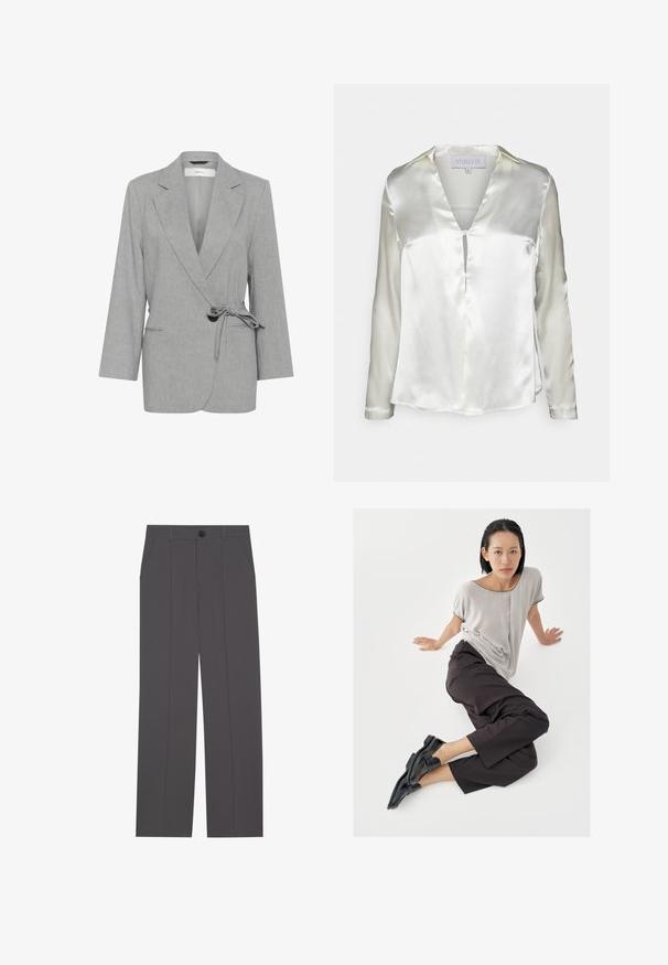 Grauer, strukturierter Blazer mit Wickeldesign, langen Ärmeln und gebundenem Taillenband. Verfügt über zwei Fronttaschen und Reverskragen.; STUDIO ID ALYSSA - Bluse - champagne; Graue Hose im geraden Schnitt, mit zwei seitlichen Taschen und einem Knopfverschluss. Glattes Material ohne sichtbare Muster oder Akzente.; Hellgraues Kurzarmshirt, dunkle weite Hosen und schwarze Loafers. Glatter Stoff, entspannte Passform und kontrastierende Einfassung am Hemd.