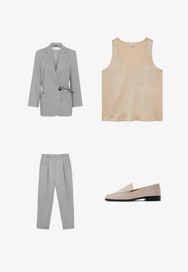 Blazer gris con textura y diseño envolvente, mangas largas y cintura atada. Cuenta con dos bolsillos frontales y solapas de pico.; Reiss REGULAR FIT - Blusa - neutral; Pantalones formales gris claro con pliegues frontales, bolsillos laterales, trabillas para cinturón y diseño de pierna ahusada.; Mocasines de cuero beige con textura suave, puntera redondeada y costuras mínimas. Con un tacón bajo negro y diseño sin cordones.