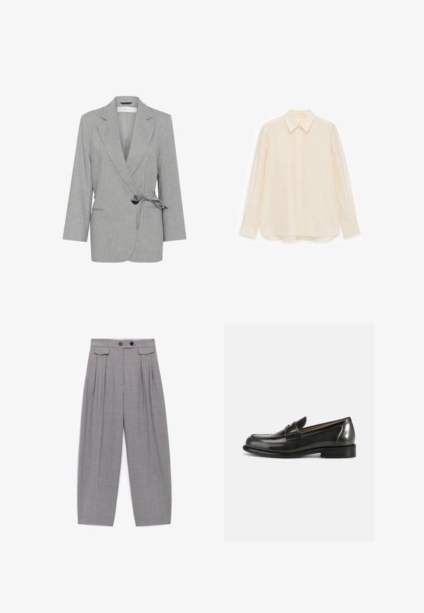 Blazer gris texturé avec un design enveloppant, des manches longues et une taille nouée. Présente deux poches avant et des revers crantés.; Chemise boutonnée de couleur crème en tissu lisse, dotée d'un col, de manches longues et d'un ourlet légèrement arrondi.; Pantalon gris ample taille haute avec plis, deux boutons noirs sur la ceinture et des détails avec rabats près des hanches.; Mocassins en cuir verni noir avec un design structuré, un bout arrondi et des détails cousus sur la tige, présentant un petit talon empilé.