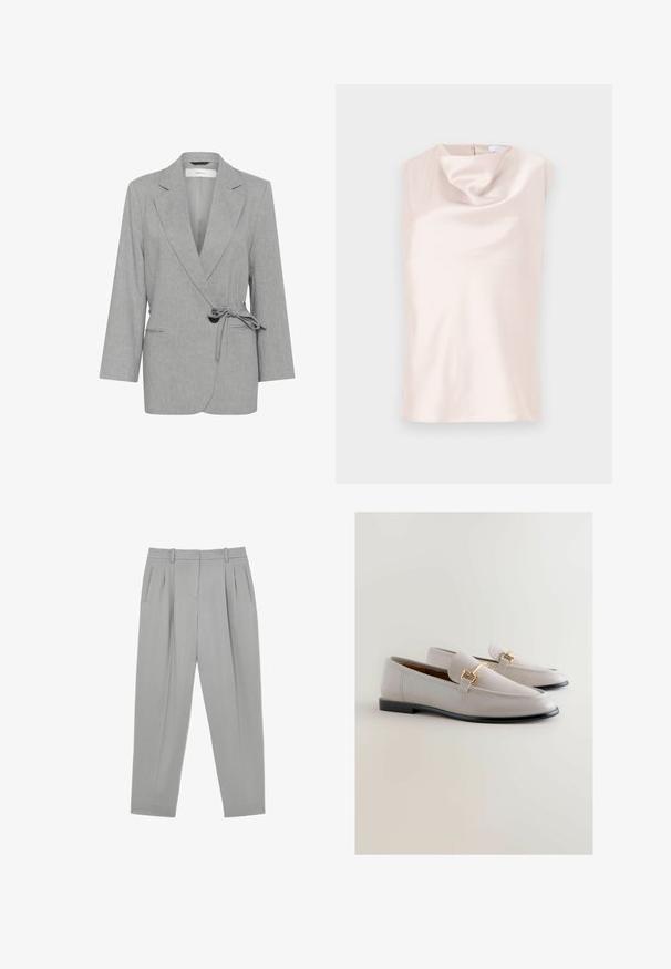 Grauer, strukturierter Blazer mit Wickeldesign, langen Ärmeln und gebundenem Taillenband. Verfügt über zwei Fronttaschen und Reverskragen.; Ärmelloses Top in seidenartigem, weichem Beige mit drapiertem Wasserfallausschnitt. Verfügt über einen diskreten Rückenreißverschluss und eine glatte, glänzende Textur.; Hellgraue formelle Hose mit vorderen Falten, Seitentaschen, Gürtelschlaufen und einem verjüngten Bein Design.; Hellgraue Lederloafers mit einem eleganten Design, das goldfarbene Hardware-Akzente und eine schwarze Sohle aufweist. Glatte Textur und spitz zulaufende Schuhform.