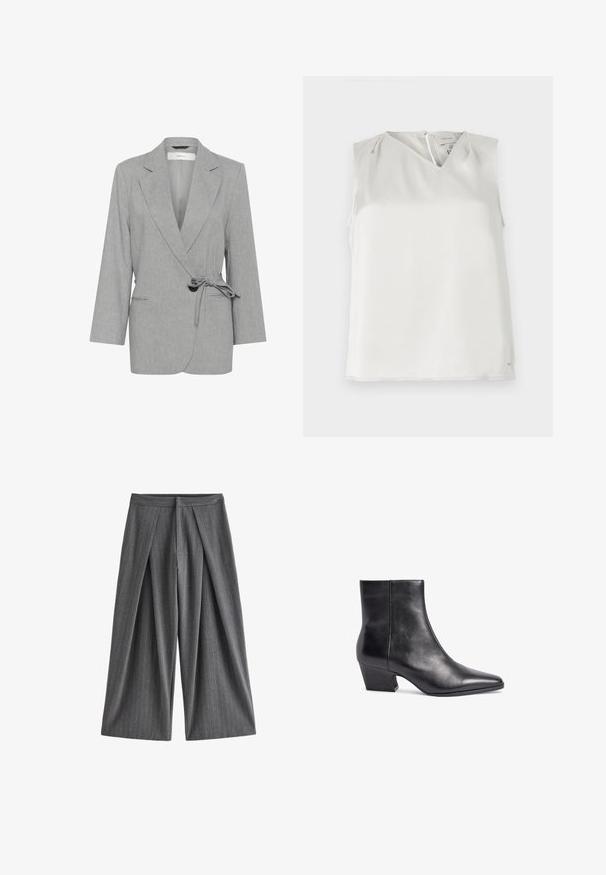 Grå, struktureret blazer med indpakningsdesign, lange ærmer og bindebånd i taljen. Har to forlommer og slagkraver.; Ærmeløs hvid bluse med V-udskæring, diskrete folder ved skuldrene og lynlåslukning bagpå, vist på ensfarvet baggrund.; Grå pinstripe bukser med vide ben, frontplisser og høj talje, vist på hvid baggrund.; Sorte læder ankelstøvler med spids tå, mellemhøj blokhæl og glat tekstur. Har et minimalistisk design uden synligt hardware.