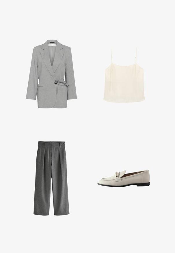 Grå, struktureret blazer med indpakningsdesign, lange ærmer og bindebånd i taljen. Har to forlommer og slagkraver.; Flødefarvet ærmeløs camisole-top med tynde justerbare stropper og en lige halsudskæring på hvid baggrund.; Grå, vide bukser lavet af vævet stof med en tekstureret overflade, med en tætsiddende talje og plisseret frontdesign, to sidelommer.; Lys grå læderloafer med rund tå, udstyret med en fold-over tunge og dekorativt hardware. Sort gummisål, subtile syninger.