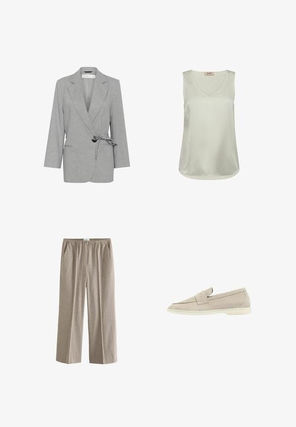 Blazer gris con textura y diseño envolvente, mangas largas y cintura atada. Cuenta con dos bolsillos frontales y solapas de pico.; Blusa sin mangas de satén color beige claro con escote en V y dobladillo redondeado, con una pequeña etiqueta en la parte posterior del cuello interior.; Pantalones anchos beige con cintura elástica. Hechos de una tela suave y texturizada que presenta un sutil patrón moteado. Incluyen bolsillos laterales.; Mocasines de ante beige claro con suela blanca baja, punta redondeada y una tira cosida a lo largo de la parte superior.