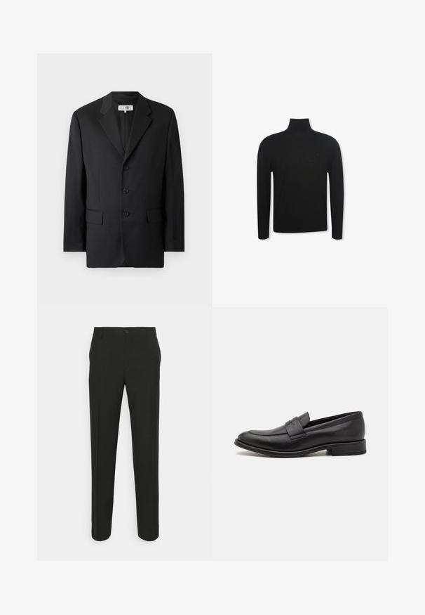 Schwarzer Blazer aus glattem Stoff, mit Reverskragen, drei vorderen Knöpfen und zwei vorderen Taschen. Klassisches, maßgeschneidertes Design.; Schwarzer Langarm-Rollkragenpullover mit schmaler Passform und dezentem Logo auf der linken Brustseite, dargestellt vor weißem Hintergrund.; Schwarze, maßgeschneiderte Hose mit geradem Schnitt, ausgestattet mit einem einzelnen Knopfverschluss und Gürtelschlaufen. Glattes, mattes Material ohne Muster.; Schwarze Lederloafer mit glatter Oberfläche, einem dekorativen Riemen über dem Obermaterial, runder Zehenpartie und einem niedrigen, gestapelten Absatz.
