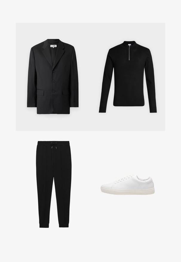 Blazer noir en tissu lisse, avec un col cranté, trois boutons à l'avant et deux poches avant. Design classique et ajusté.; Pull noir à manches longues avec demi-fermeture éclair et col montant, affiché sur un fond gris clair uni.; Pantalons de sport noirs avec une taille à cordon de serrage, des jambes fuselées et des poignets côtelés. Fabriqués dans un tissu doux au toucher lisse.; Baskets en cuir blanc avec une texture lisse, bout rond, fermeture à lacets et semelle en caoutchouc plate. Design minimaliste sans motifs visibles.