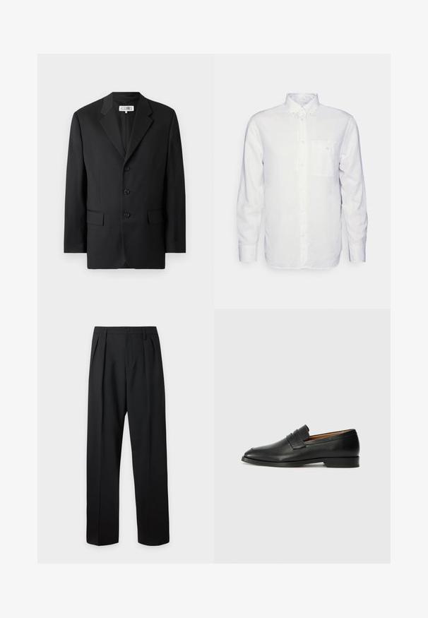 Schwarzer Blazer aus glattem Stoff, mit Reverskragen, drei vorderen Knöpfen und zwei vorderen Taschen. Klassisches, maßgeschneidertes Design.; Langärmliges, weißes Hemd aus Baumwolle mit Button-Down-Kragen, Fronttasche und normalem Schnitt. Strukturierter Stoff mit glatter Oberfläche.; Schwarze formelle Hose mit Bundfalten, Gürtelschlaufen und Knopfverschluss in der Taille, vor einem einfarbigen hellen Hintergrund dargestellt.; Schwarze Leder-Slipper mit runder Zehenform, dezenten gestickten Details und niedrigem Absatz, ausgestattet mit glatter Textur und minimalistischem Design.