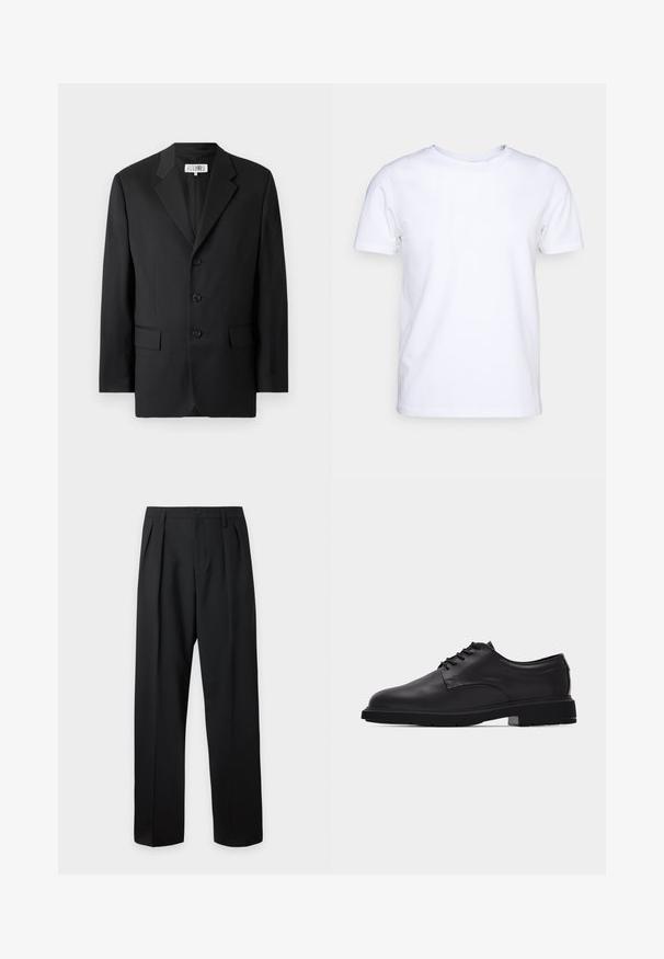Sort blazer lavet af glat stof, med en slagkrave, tre frontknapper og to frontlommer. Klassisk skræddersyet design.; Hvid kortærmet t-shirt i bomuldsstof med rund halsudskæring. Enkel design uden mønstre eller detaljer. Glat tekstur.; Sorte skræddersyede bukser med høj talje, bæltestropper, frontfolder, knaplukning og lige vide ben på en lys baggrund.; Sort herresko i læder med snørebånd, glat finish og tyk gummisål vist fra siden på hvid baggrund.
