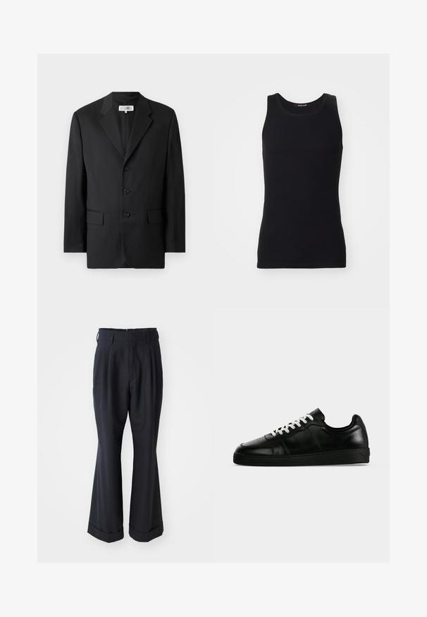 Blazer noir en tissu lisse, avec un col cranté, trois boutons à l'avant et deux poches avant. Design classique et ajusté.; Débardeur noir en matériau lisse et extensible. Doté d'un col rond et sans manches, avec une coupe ajustée et un design simple.; Pantalons noirs ajustés avec une coupe décontractée, devant plissé et jambes larges. Caractéristiques d'un ourlet à retournement et d'une texture de tissu lisse.; Baskets basses en cuir noir avec lacets blancs, semelle plate noire et détails subtils de couture, visibles de profil sur un fond gris.