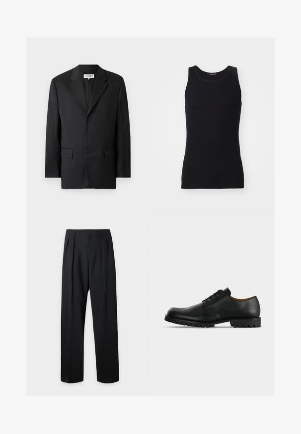 Blazer noir en tissu lisse, avec un col cranté, trois boutons à l'avant et deux poches avant. Design classique et ajusté.; Débardeur noir en matériau lisse et extensible. Doté d'un col rond et sans manches, avec une coupe ajustée et un design simple.; Pantalon noir taille haute, sur-mesure, avec passants pour ceinture, plis sur le devant, fermeture par bouton et jambes droites larges sur fond clair.; Chaussure de ville noire en cuir à lacets avec une semelle épaisse et rainurée et un petit talon, présentée sur fond blanc.