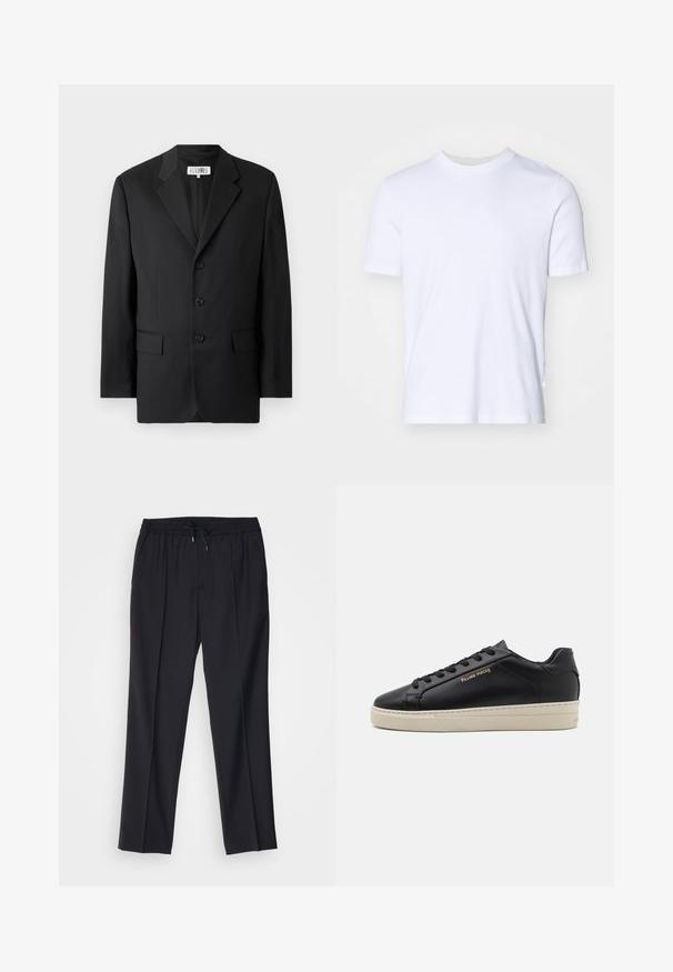 Sort blazer lavet af glat stof, med en slagkrave, tre frontknapper og to frontlommer. Klassisk skræddersyet design.; Hvid bomulds T-shirt med ribbet rund halsudskæring, korte ærmer og normal pasform. Glat tekstur, ingen synlige mønstre eller detaljer.; sandro ALPHA - Chino - noir; Sorte lædersneakers med en glat finish, kontrasterende cremefarvet sål, rund tå, guld logo på siden og seks huller til snørebånd.