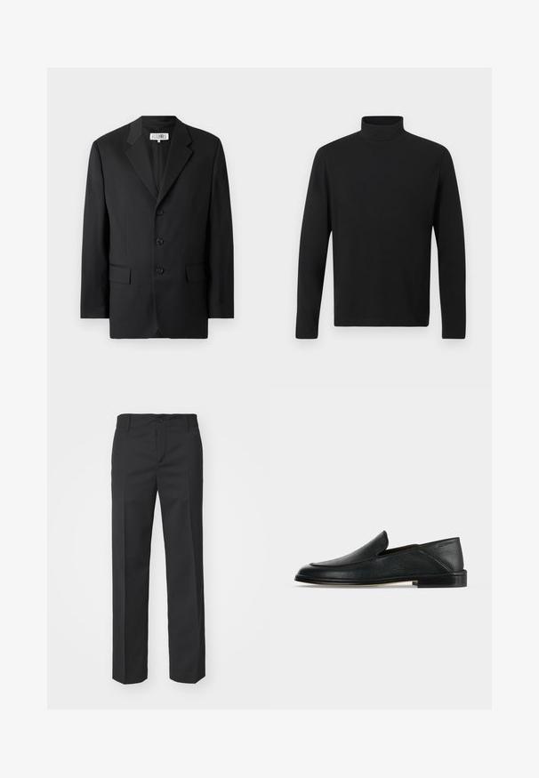 Sort blazer lavet af glat stof, med en slagkrave, tre frontknapper og to frontlommer. Klassisk skræddersyet design.; Sort turtleneck skjorte lavet af glat stof. Har lange ærmer og en høj krave. Enkel design uden yderligere mønstre eller accenter.; Filippa K TROY TROUSERS - Bukser - black; Sort læder slip-on loafer med lav hæl og rundet tå, vist på en simpel hvid baggrund.
