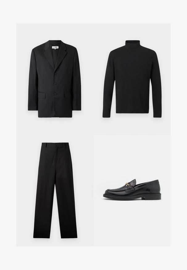 Blazer noir en tissu lisse, avec un col cranté, trois boutons à l'avant et deux poches avant. Design classique et ajusté.; Chandail à col roulé noir en tissu lisse. Doté de manches longues et d'un col haut. Design simple sans motifs ni accents supplémentaires.; Pantalons noirs en coton avec une coupe droite, dotés d'une fermeture à bouton à l'avant et de poches latérales. Texture lisse, sans motifs.; Mocassins en cuir noir avec un embout rond, présentant des accents en métal doré et des détails de couture, montés sur une semelle en caoutchouc texturé et basse.