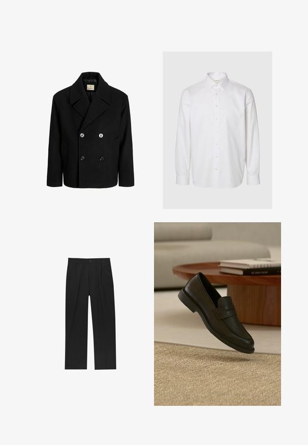 Manteau en laine noir de style peacoat avec un design à double boutonnage, grands revers et deux poches à l'avant, ornés de boutons argentés et noirs. Texture lisse.; Chemise blanche à manches longues en coton, dotée d'un col classique, d'une patte de boutonnage à l'avant et de poignets boutonnés. Texture lisse sans motifs visibles.; Pantalons noirs au design droit, fabriqués à partir d'un tissu lisse. Dotés de plis sur le devant et d'une fermeture à un bouton à la taille.; Chaussure mocassin en cuir noir présentée en suspension au-dessus d'un tapis beige tissé, avec une table en bois et des livres empilés dans un salon doucement éclairé.