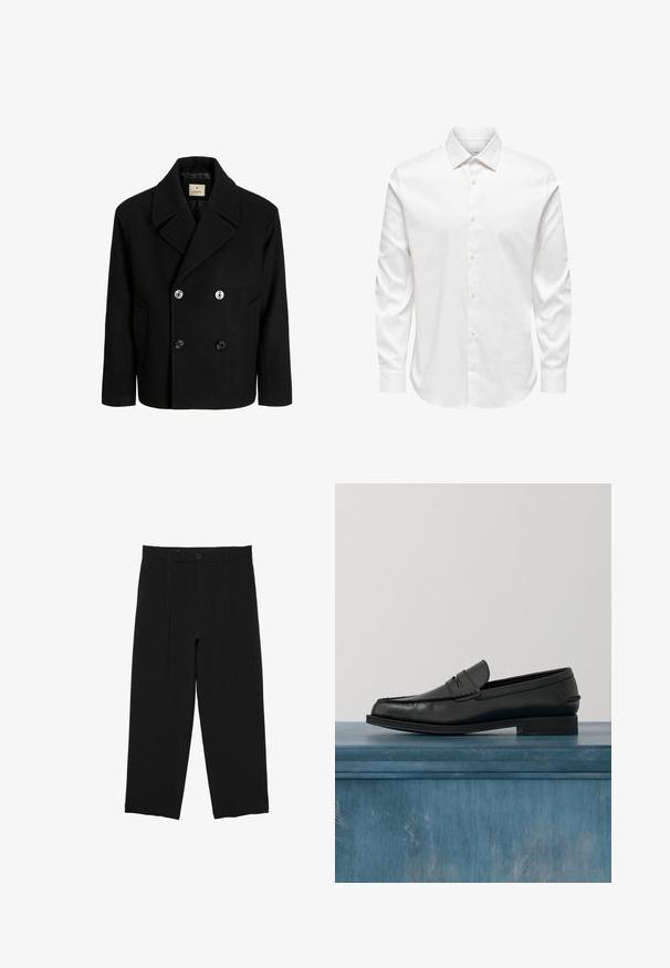 Manteau en laine noir de style peacoat avec un design à double boutonnage, grands revers et deux poches à l'avant, ornés de boutons argentés et noirs. Texture lisse.; Chemise blanche pour homme à manches longues avec col pointu et rangée avant de boutons blancs sur fond uni.; Pantalon noir à jambes larges avec passants de ceinture, bouton à l'avant et design plissé, présenté sur un fond blanc.; Mocassins noirs en cuir avec un design élégant, comportant un bout cousu et une finition lisse. La chaussure possède un talon bas et un minimum de détails.