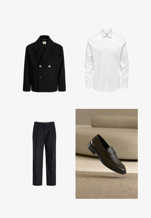 Manteau en laine noir de style peacoat avec un design à double boutonnage, grands revers et deux poches à l'avant, ornés de boutons argentés et noirs. Texture lisse.; Chemise blanche pour homme à manches longues avec col pointu et rangée avant de boutons blancs sur fond uni.; Pantalon noir à jambes droites avec taille, passants de ceinture, fermeture éclair à l'avant et poches latérales, présenté sur fond blanc.; Chaussure loafer en cuir noir reposant sur un tapis beige avec un canapé beige courbé en arrière-plan.