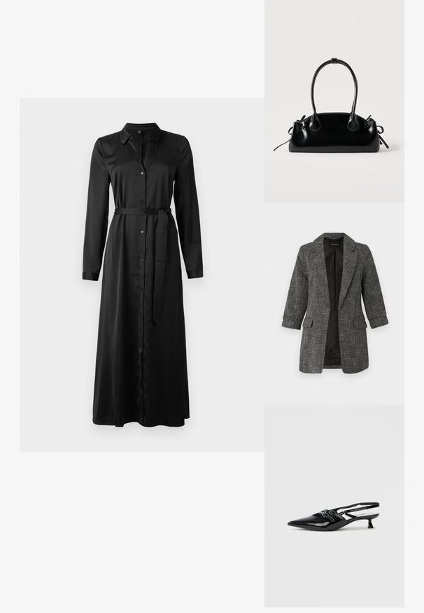 Blazer texturé gris avec un col cranté, deux poches avant et des manches trois-quarts ; intérieur avec une doublure noire lisse.; Robe noire à manches longues avec un devant à boutons, col et ceinture assortie à la taille. Tissu lisse, longueur jusqu'aux chevilles avec une coupe droite.; Chaussure slingback en cuir verni noir avec bout pointu, petit talon carré et bride ajustable ornée de détails découpés et d'accents logo.; Petit sac à main noir brillant avec deux longues anses et des détails à cordon sur les côtés sur un fond clair uni.