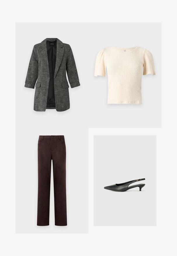 Blazer texturé gris avec un col cranté, deux poches avant et des manches trois-quarts ; intérieur avec une doublure noire lisse.; Haut à manches courtes côtelées de couleur beige clair. Texture douce avec une coupe ajustée et des manches bouffantes légères, doté d'un col rond.; Pantalons en suède marron foncé à jambes droites avec fermeture à bouton et zip à l'avant, passants de ceinture et poches latérales.; Chaussure slingback noire à bout pointu en cuir lisse. Présente un talon fin et un détail de boucle sur la sangle réglable.