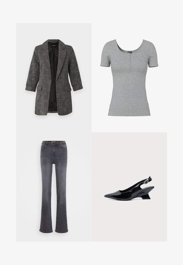 Blazer texturé gris avec un col cranté, deux poches avant et des manches trois-quarts ; intérieur avec une doublure noire lisse.; Haut gris côtelé à manches courtes avec un col rond en U et quatre petits boutons en ligne au centre devant.; Jean flare gris en denim, avec taille haute, cinq poches et fermeture à bouton. Texture lisse avec des détails de décoloration subtils.; Chaussure slingback en cuir verni noir avec bout pointu et petit talon bloc incliné sur fond clair uni.