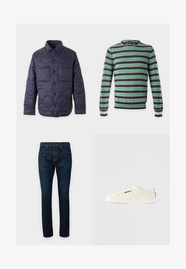 Veste matelassée bleu marine avec fermeture à boutons sur le devant, col pointu, manches longues et deux poches poitrine sur un fond clair.; Pull à manches longues col rond avec des rayures horizontales en vert, noir, blanc et marron, présenté sur un fond uni.; Jeans en denim bleu foncé avec un design ajusté, dotés de cinq poches et de coutures contrastées. Le tissu a une texture lisse.; Baskets beige clair à texture lisse, design à lacets et accent rayé coloré sur le côté. Semelle en caoutchouc blanche. Arrière uni.