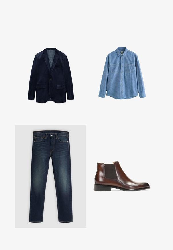 Marineblå fløjl mænds blazer med hakket revers, enkelt knaplukning, to frontlommer med klap og en brystlomme.; Langærmet blå chambray-skjorte med knaplukning foran og to brystlommer, lagt fladt på en hvid baggrund.; Mørkeblå denim jeans med let fading på lårerne, fem-lomme design og knap- og lynlås-lukning, præsenteret fladt på en grå baggrund.; Brun læder ankelstøvle med elastiske sidepaneler, en glat overflade, stikninger og en lav rektangulær hæl.