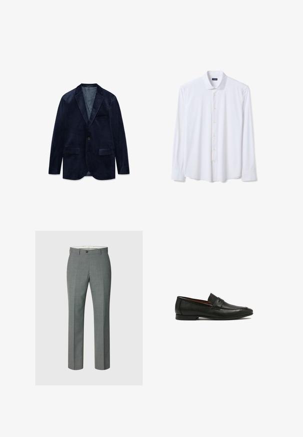 Donkerblauwe fluwelen herenjasje met inkeping revers, enkele knoopsluiting, twee voorzakken met klep en één borstzak.; Witte blouse met lange mouwen, knoopsluiting, spreidkraag en manchetten, plat gelegd met dichtgeknoopte knoppen, merklab in de kraag.; Grijze herenkledingbroek met subtiel ruitpatroon, sluiting met knoop en rits aan de voorkant, en lussen voor een riem, afgebeeld op een effen witte achtergrond.; Zwarte leren loafers met een gestructureerde afwerking, voorzien van een decoratieve band en een lage, platte zool. Slank, puntig ontwerp.