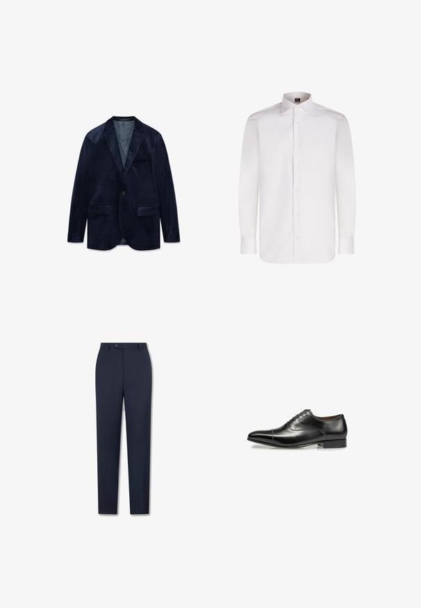Donkerblauwe fluwelen herenjasje met inkeping revers, enkele knoopsluiting, twee voorzakken met klep en één borstzak.; Witte lange mouw blouse met een gladde stof, klassieke kraag en een afgeronde zoom, met knopen aan de voorkant en manchetten.; Marineblauwe broek gemaakt van soepele stof, met een rechte pijp, een knoopsluiting en riemlussen.; Zwarte leren formele schoen met een slanke, puntige neus, zes gaatjes voor de vetersluiting en een lage hak. Glad oppervlak met minimale stiksels.